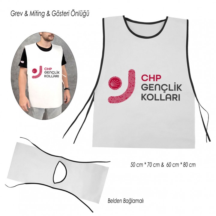 CHP logolu beyaz kırmızı biyeli 50x70 cm nonwoven belden bağlamalı promosyon miting önlüğü